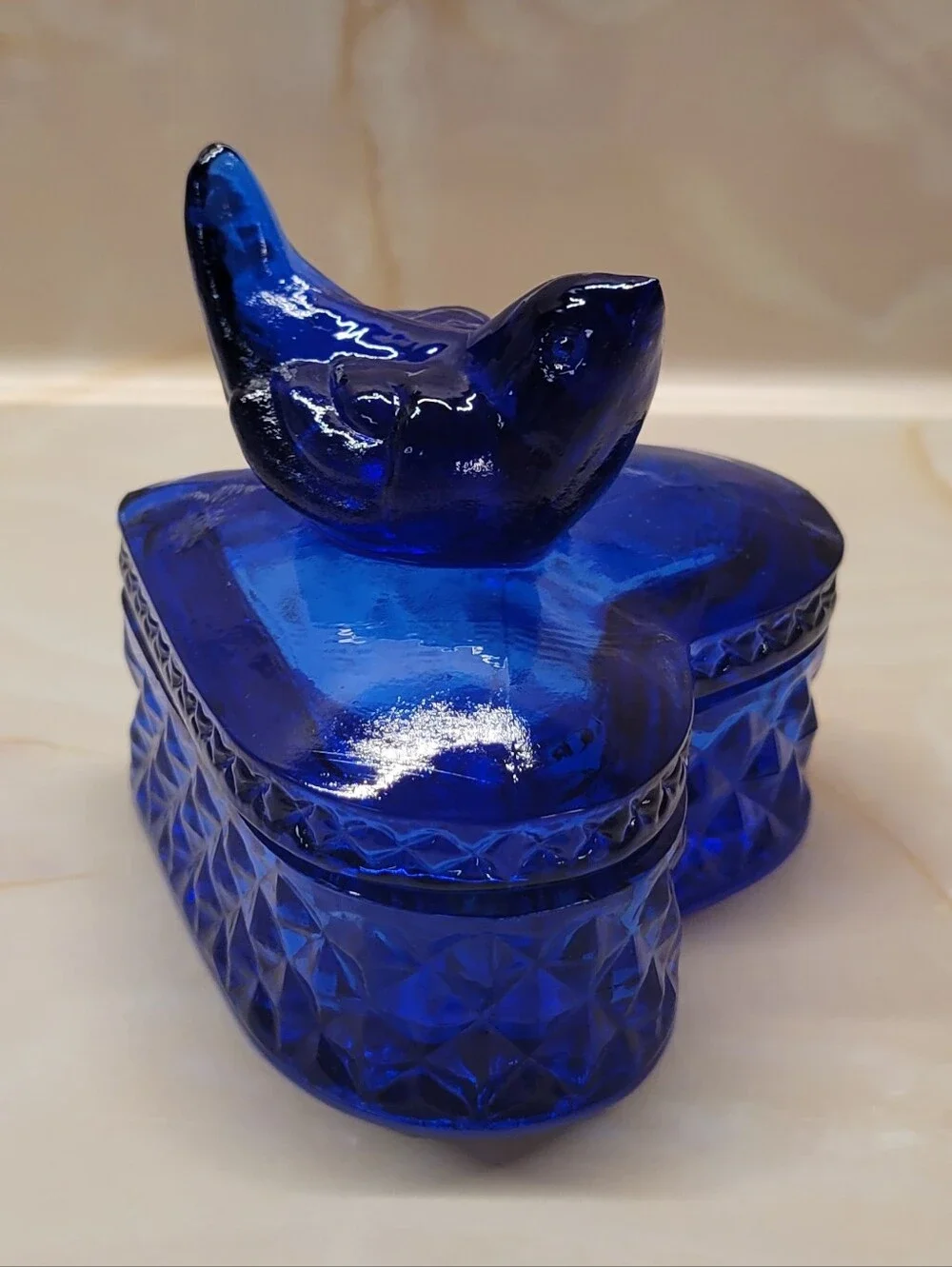 Vintage Cobalt Blue Glass Bird Trinket Box